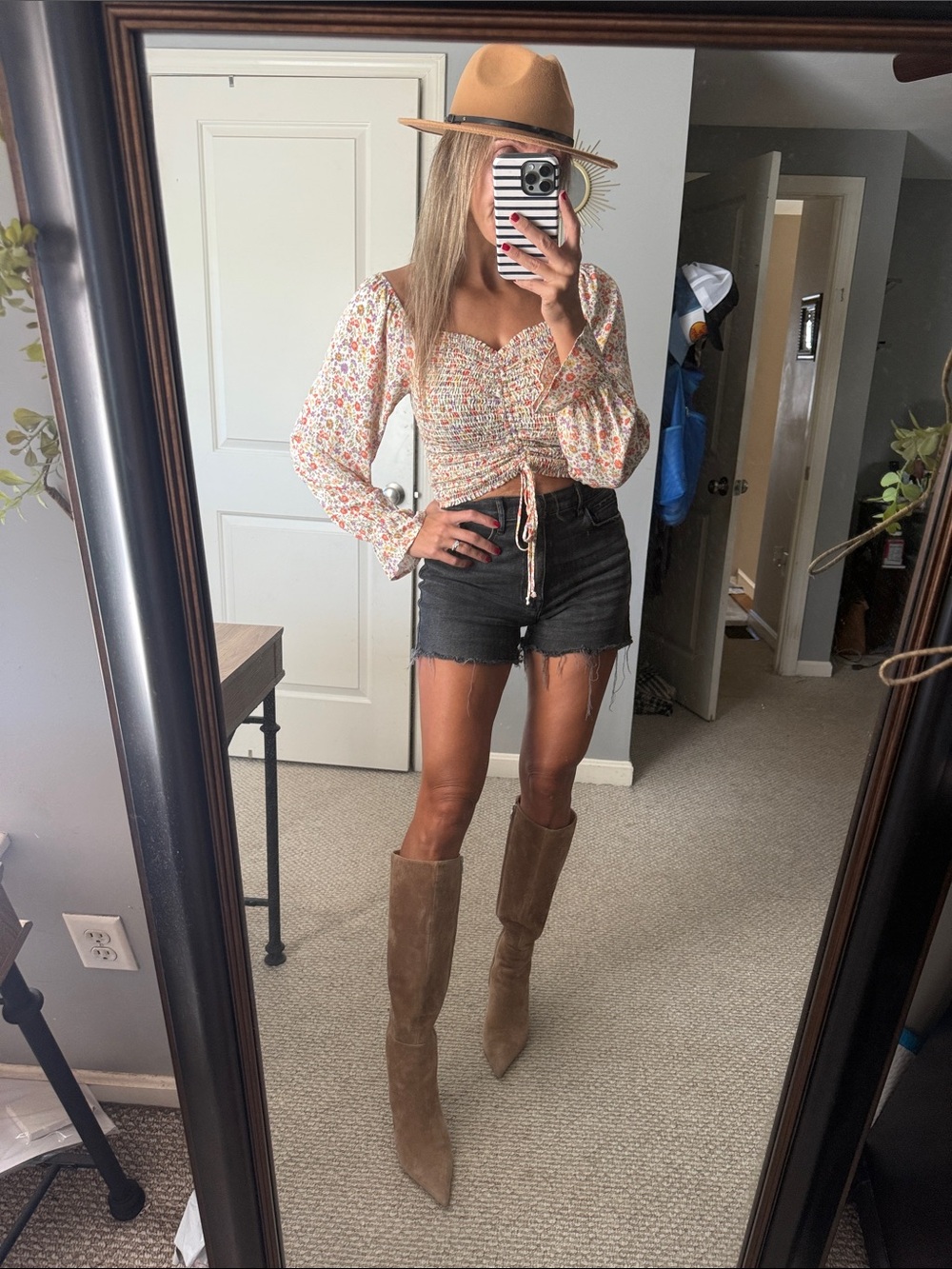 Smocked Floral Drawstring Peasant Blouse - Cream Multi